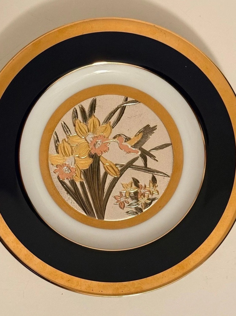 The Art of Chokin Floral Ceramic Wall Plate Blue Gold
